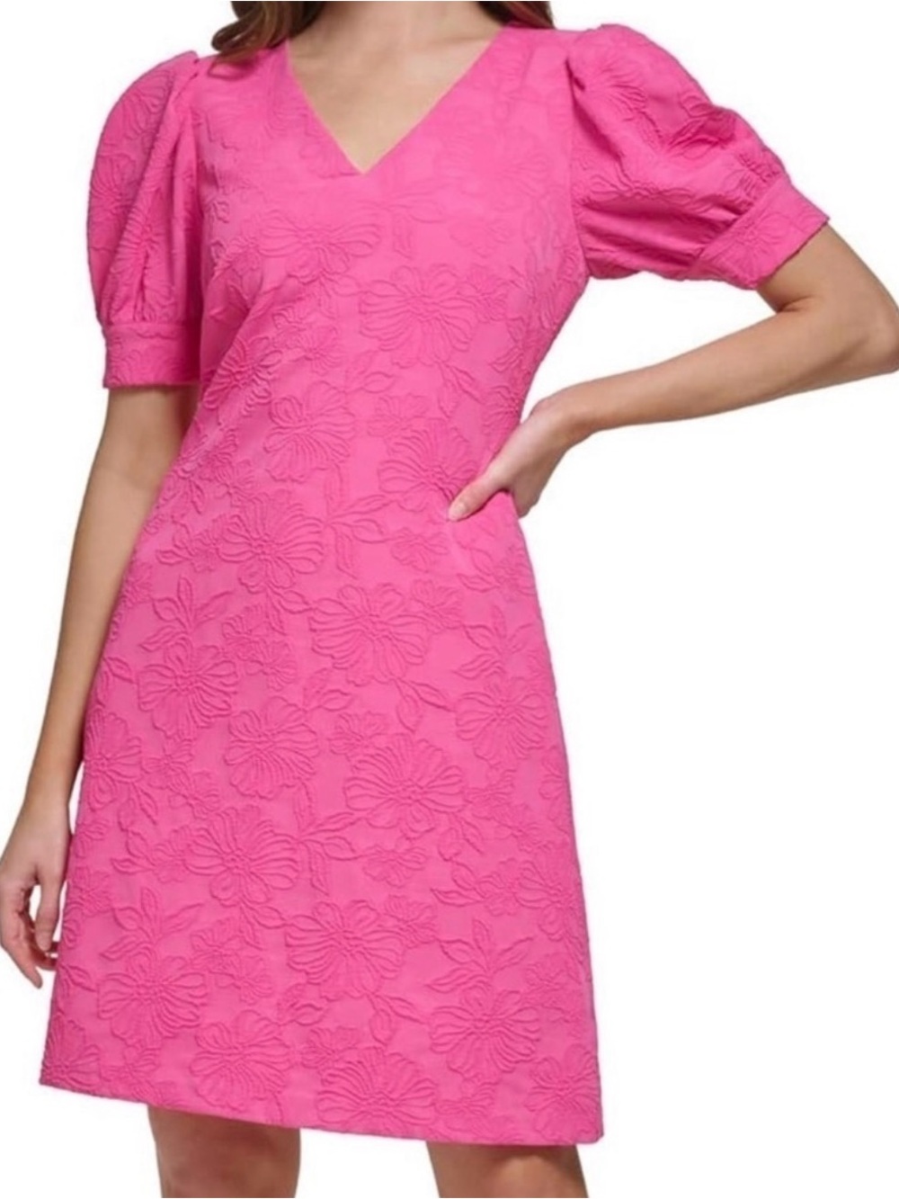 Tommy Hilfiger Blossom Floral Imprint Jacquard Puff-Sleeve Dress in Pink Size 8